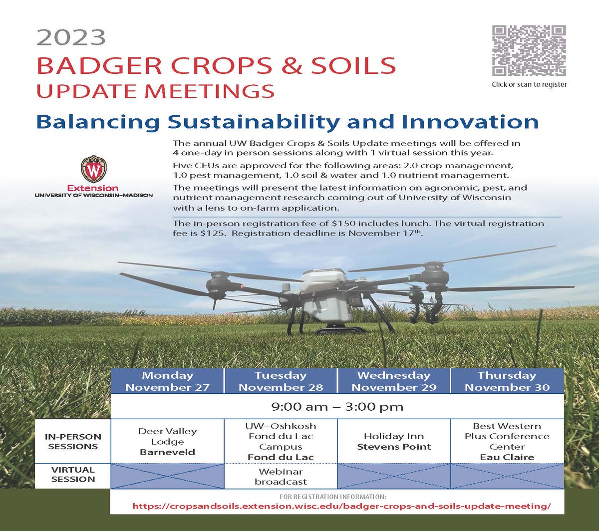 2023 BADGER CROPS &amp; SOILS UPDATE MEETINGS:
Balancing Sustainability and Innovation. Registration: cropsandsoils.extension.wisc.edu/badger-crops-a…