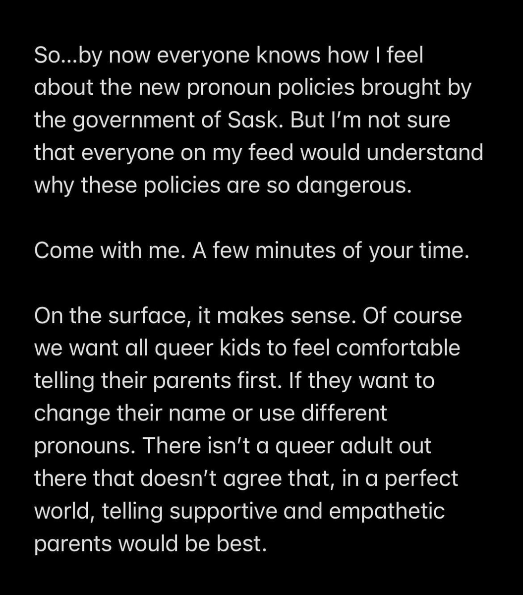 Safimod's tweet photo. A friend of mine on Facebook posted this a few days ago, regarding the pronoun policy that the Sask Party intends to roll out.

Its a long read, but explains why this policy is harmful, and why kids might need a safe place to come out (like schools) rather than home. #skpoli https://t.co/qiaef1JbUa