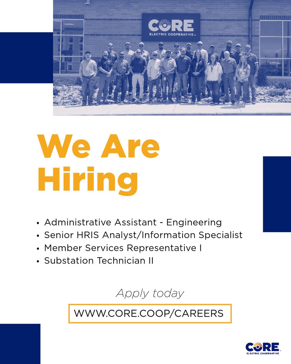 Are you looking to spark your career in the energy industry? ⚡ We want to hear from you! Check out our current job openings by going to core.coop/careers.
#CORECareers #JobOpenings