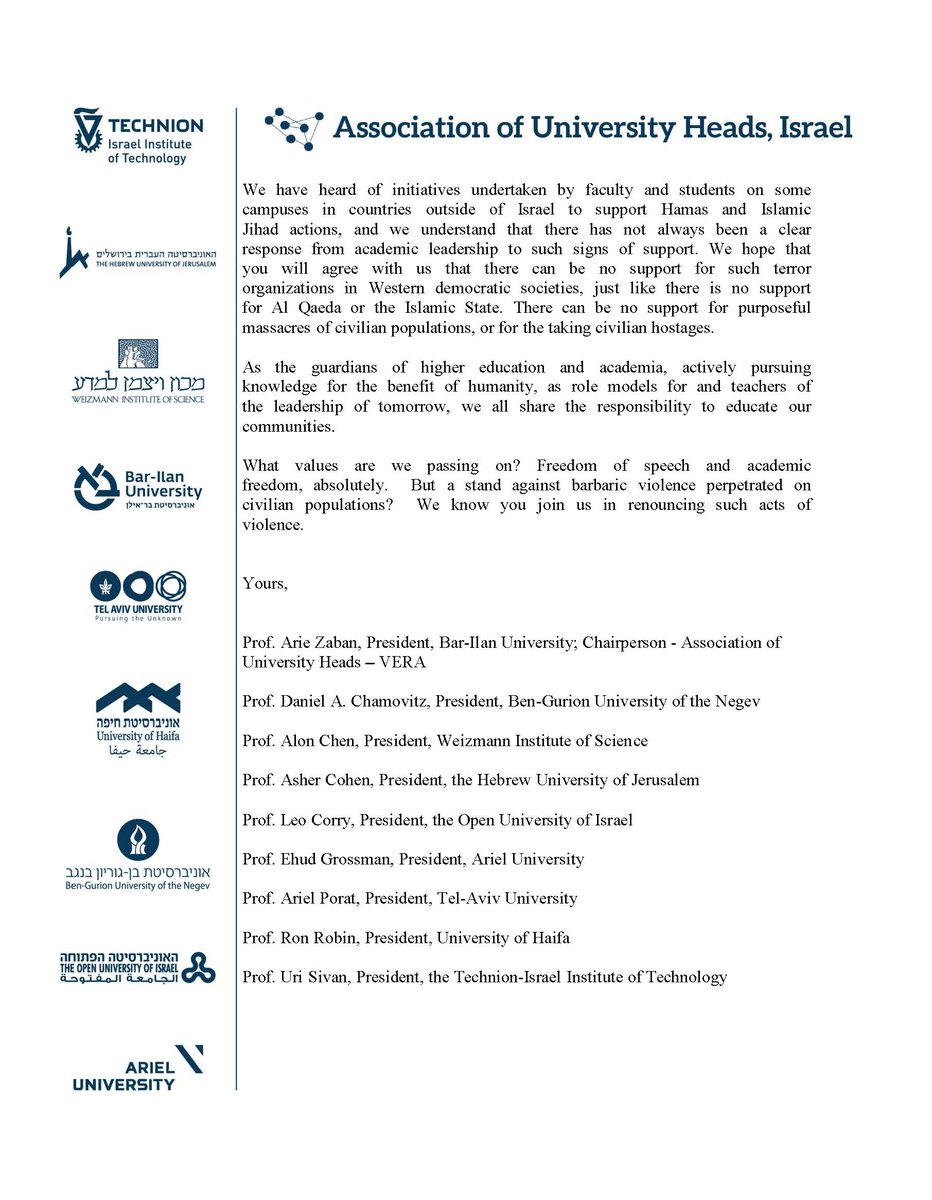 Important message from the presidents of Israeli universities. The shameful response of the top US universities seeing the brutal terror actions by Hamas as "one more event" is unforgiven. You're totally disoriented <a href="/Harvard/">Harvard University</a> <a href="/MIT/">Massachusetts Institute of Technology (MIT)</a> <a href="/Stanford/">Stanford University</a> <a href="/nyuniversity/">New York University</a> #HamasisISIS