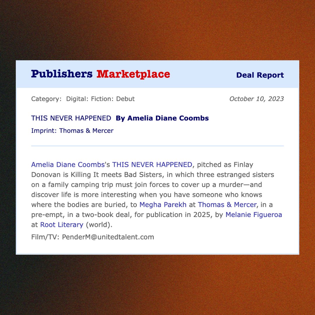 Some fun news to share! Amelia is not on this app, but I still want to shout from the rooftops about her adult debut, THIS NEVER HAPPENED, a darkly comedic thriller swooped up by @meghaparekh at @AmazonPub. Congratulations, Amelia!! 🥳🔥