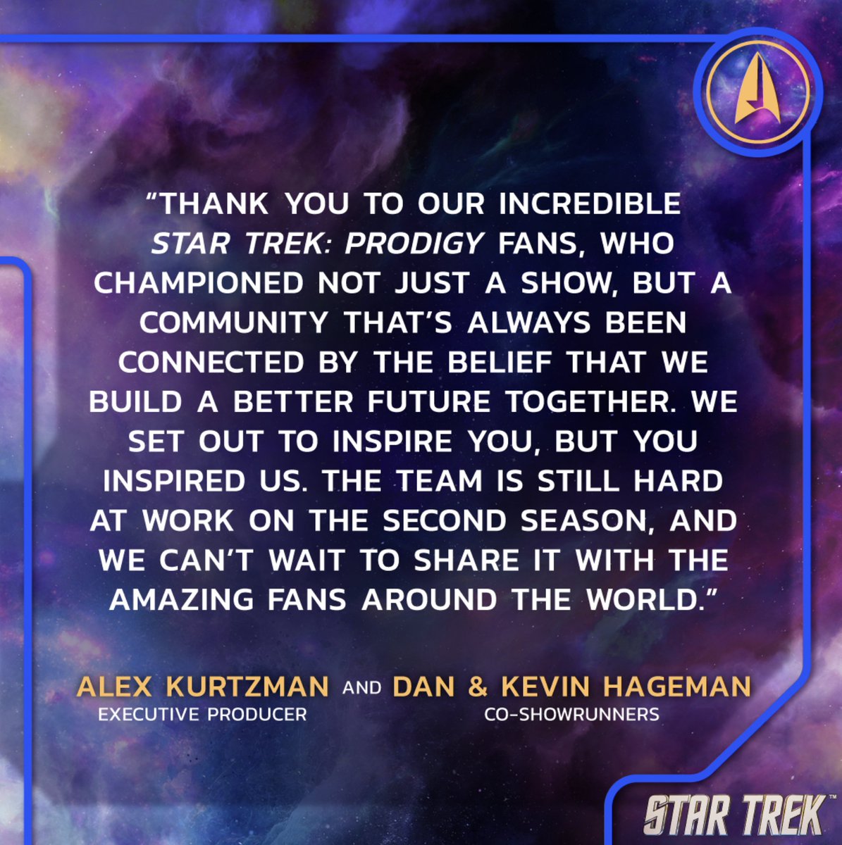 A message to our incredible fans from us and @Alex_Kurtzman. Happy to share that #StarTrekProdigy has found a NEW HOME! Star Trek: Prodigy is coming to @Netflix later in 2023, and all-new episodes in 2024. #SAVEDStarTrekProdigy