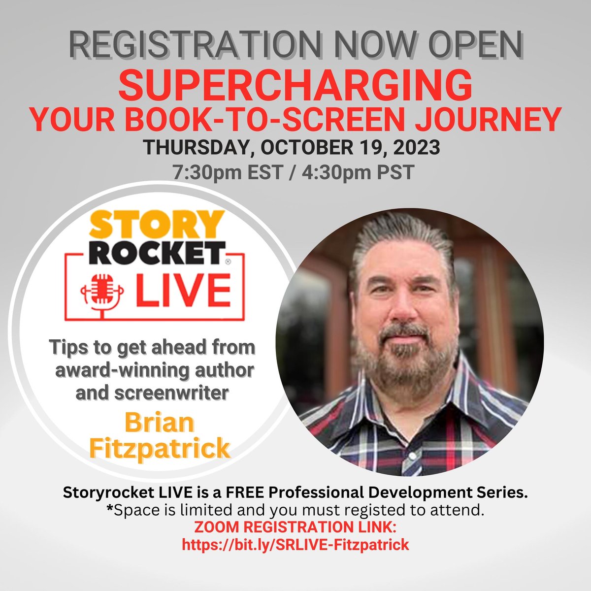 Join a FREE Storyrocket LIVE: with award-winning author and screenwriter Brian Fitzpatrick.   He will candidly share his journey to becoming a #1 Sci-fi trilogy, headline writing conferences and become a paid Hollywood writer. Register at: bit.ly/SRLIVE-Fitzpat…