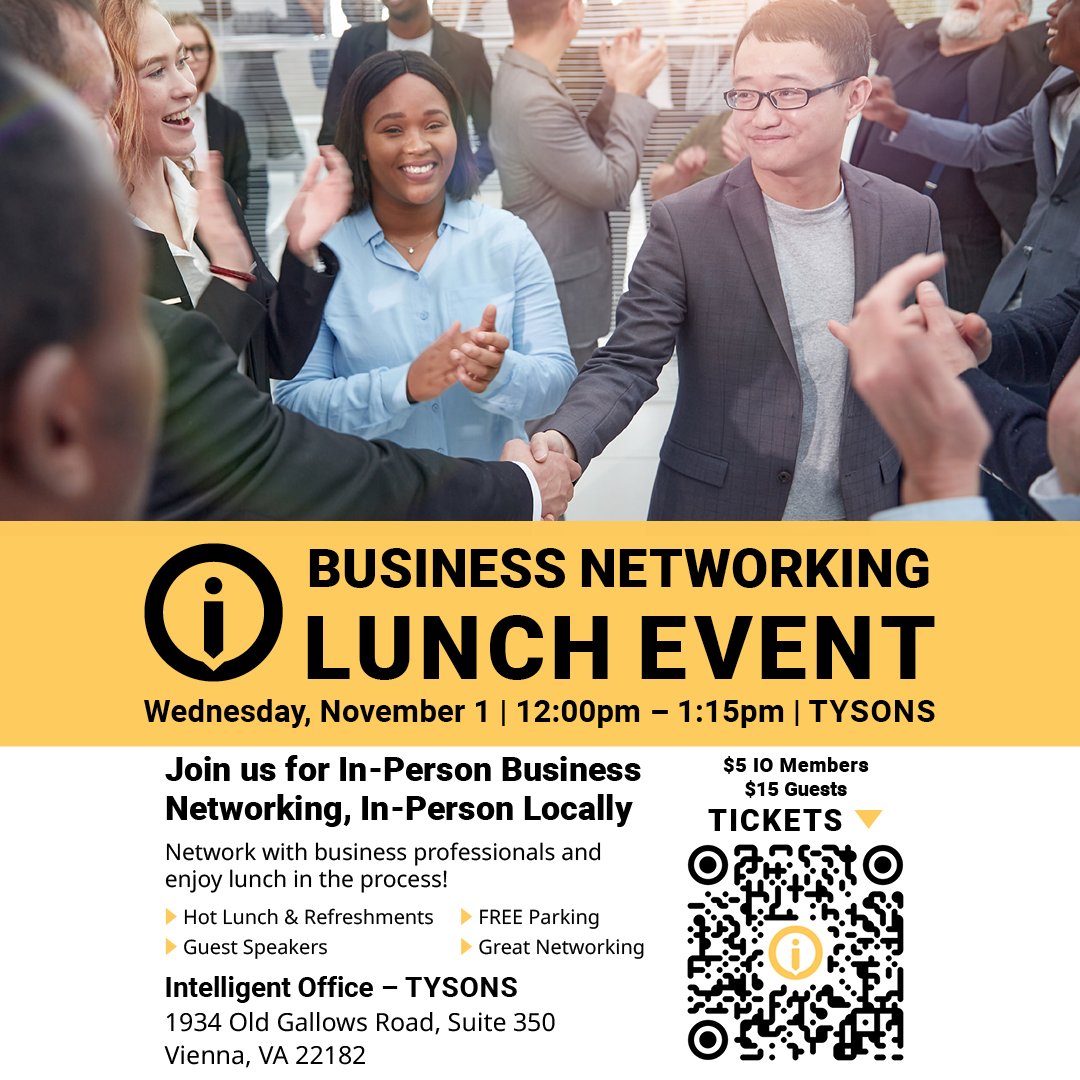 IntellOfficeART's tweet photo. Business Networking Lunch Event
Intelligent Office – TYSONS

Wednesday, November 1
12:00pm-1:15pm

Come network with business professionals and enjoy lunch in the process!

RSVP at https://t.co/q2KqCP8ZyU

#networking #networkingevent #networkinglunch #iotysons https://t.co/7B6yQco5z0