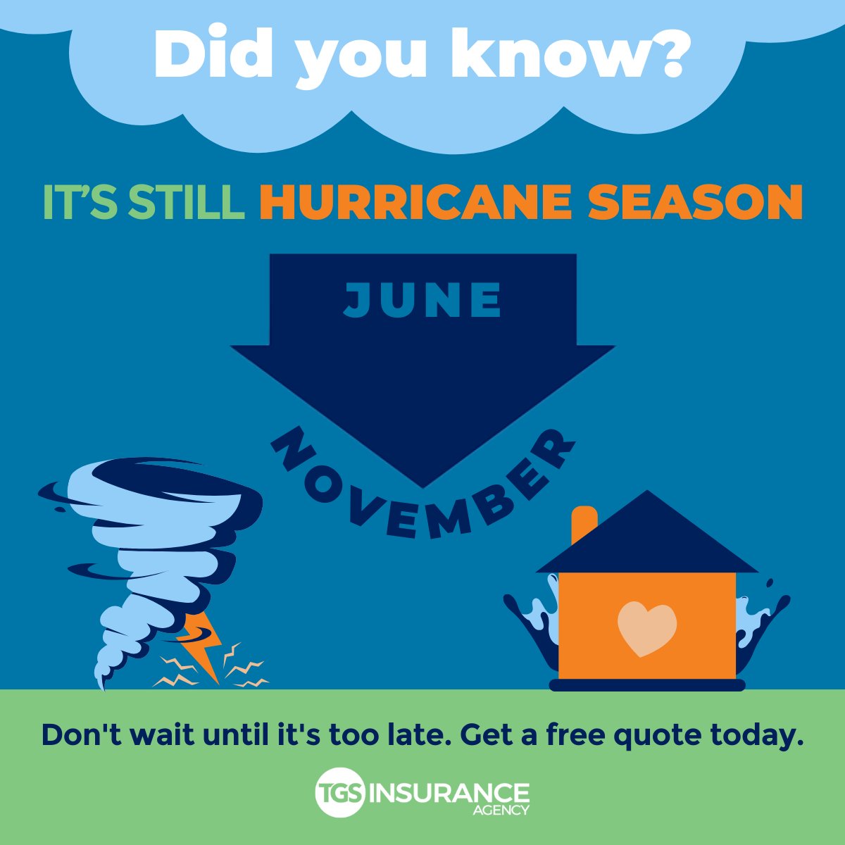 TGSInsurance's tweet image. That's right, it's STILL HURRICANE SEASON. ⛈️ Are you prepared? ✅ Check out our website for emergency checklists and FREE quotes on windstorm and flood insurance: bit.ly/3EfbxoF 🌊 #hurricaneseason #tgsinsurance