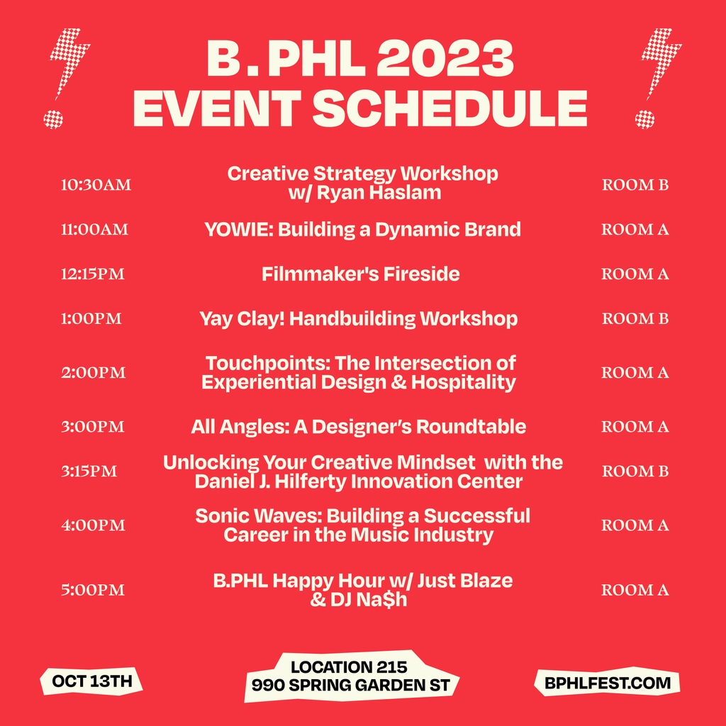 RECphilly's tweet photo. It’s #BPHL Week! So many cool people in one place this Friday and we honestly can’t wait. 

Swipe for a quick glance at the lineup and schedule. All kicking off @location215. Members, if you missed out on the free tixs check the app now for your personal discount code 🤝 https://t.co/SytJxxJEBW