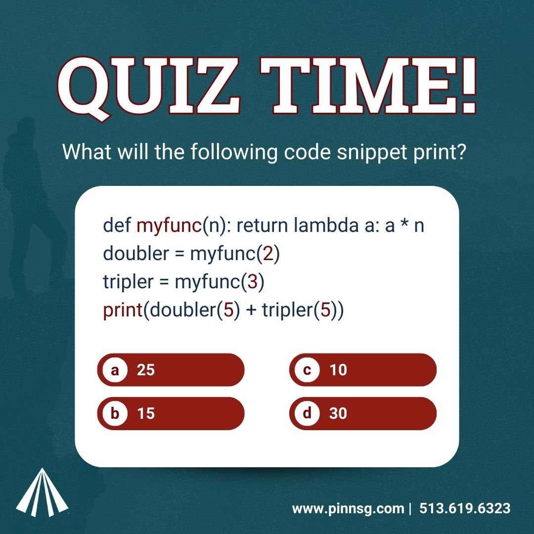 PinnSG's tweet image. Hey tech enthusiasts!
Here's a code snippet to puzzle over. Put on your thinking caps and share your answer and let's see who can crack the code!
#IT #QuizTime #CodingLogic #ITConsulting #PinnacleSolutions #Knowledge #LearningIsFun #ITQuiz