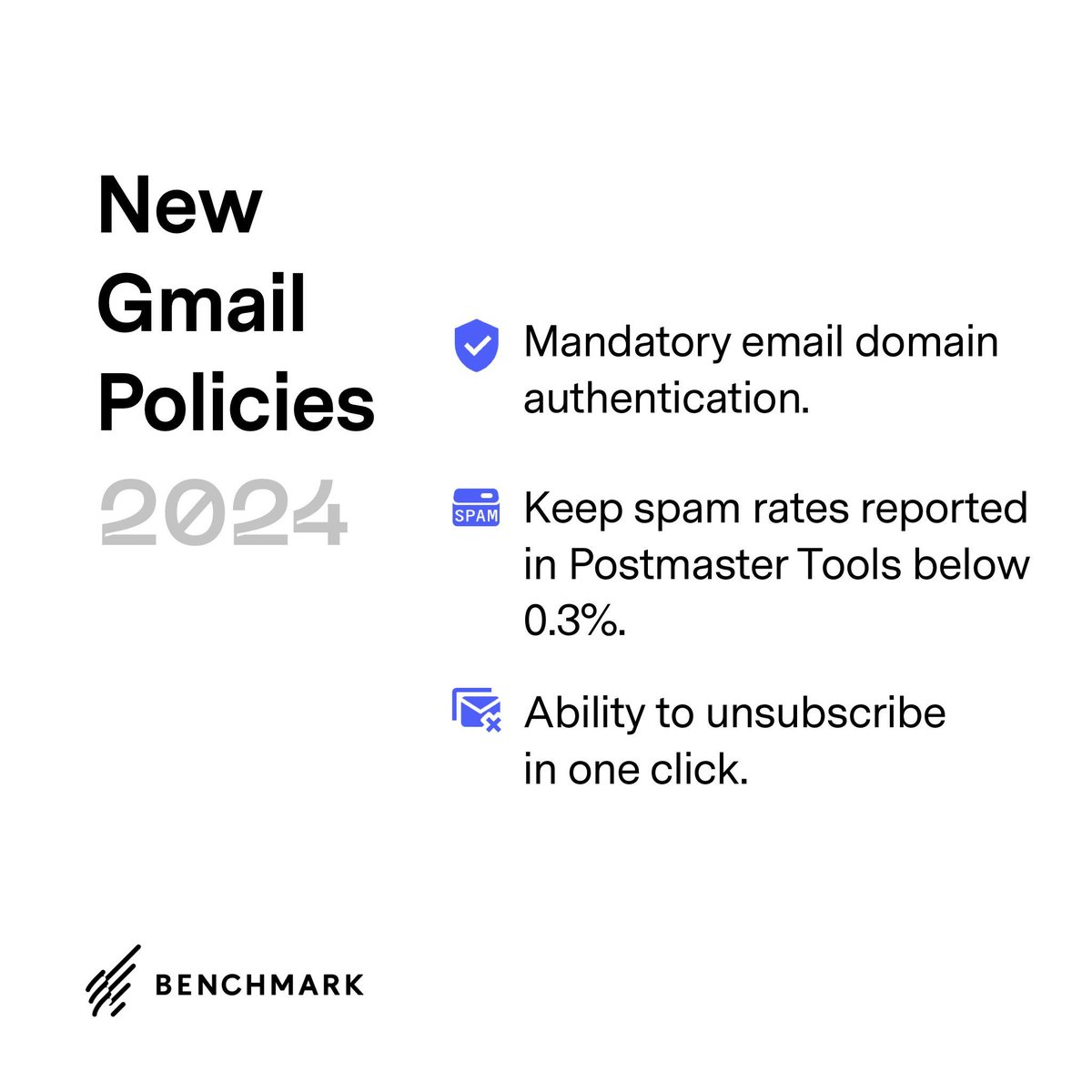 BenchmarkEmail's tweet photo. ⚠️ If you have an email list of 5,000 contacts or more, you need to look at the new Gmail policies, which will go into effect in February 2024.
 
💌 Collaboration across the email community is essential for ongoing email security and user-friendliness. 

#EmailMarketing https://t.co/XlUUDNaRc7