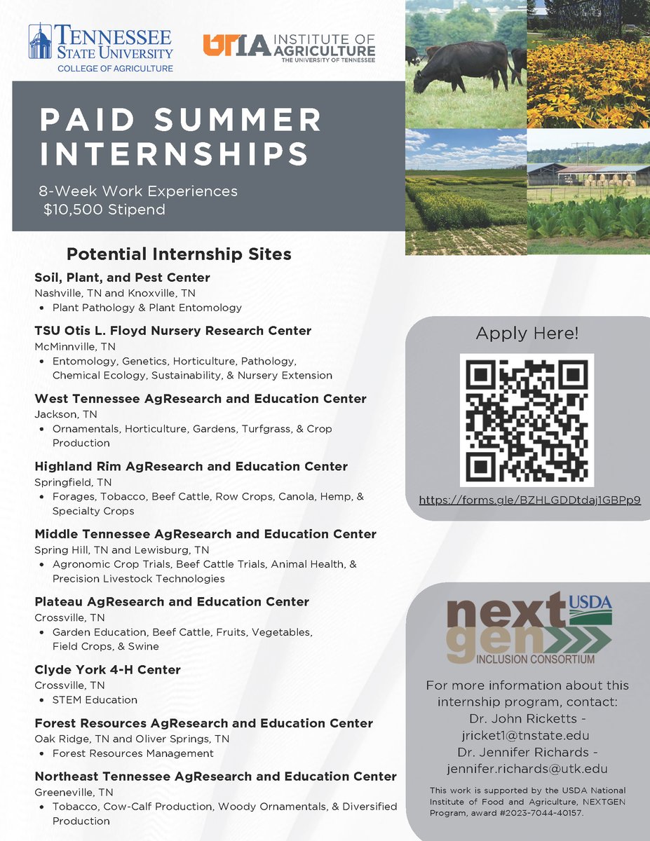 🚨 Attention students! 🚨

Check out this paid internship opportunity through the University of Tennessee - Knoxville and Tennessee State University! You can find the application at the link in our bio. #NIFAImpacts @USDA_NIFA