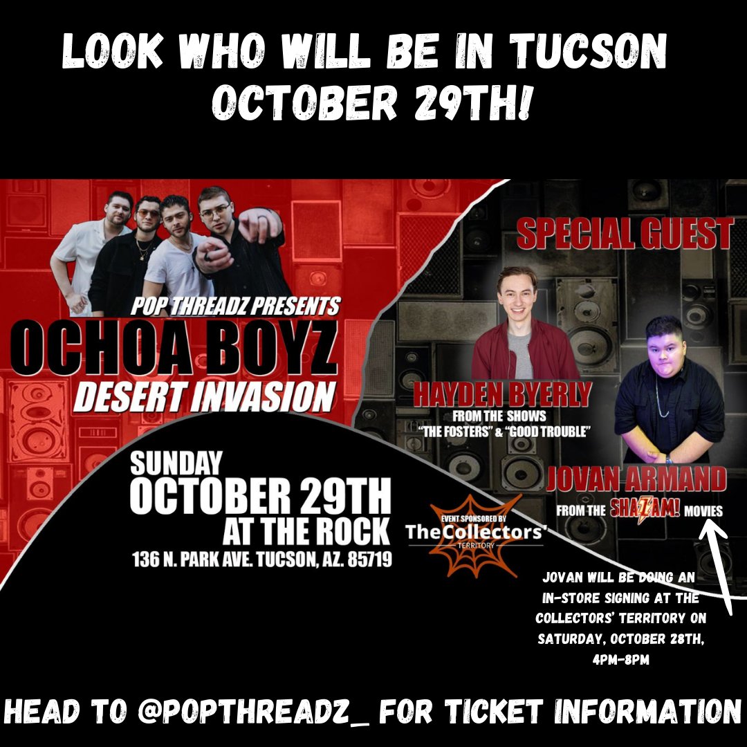 Look at who our friends @Popthreadz_ are bringing to Tucson on October 29th! <a href="/OchoaBoyz/">Ochoa Boyz</a> became a music group in 2012 and has been touring across the states! These brothers will be performing with their special guests Hayden Byerly <a href="/Byerly11/">じゆん</a> and Jovan Armand @JovanArmand