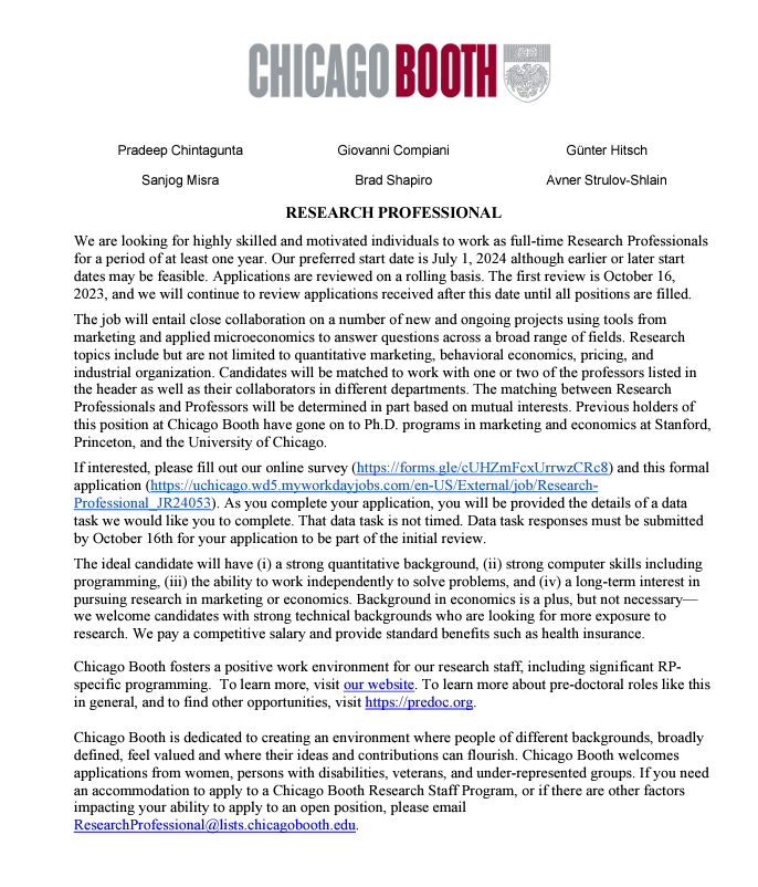 Come work as a pre-doc with faculty in the marketing group at Booth! Multiple positions are open. Target start date is July 2024, but we can be flexible. First review is on Oct 16. More info here: chicagobooth.edu/-/media/facult… Please share and apply!