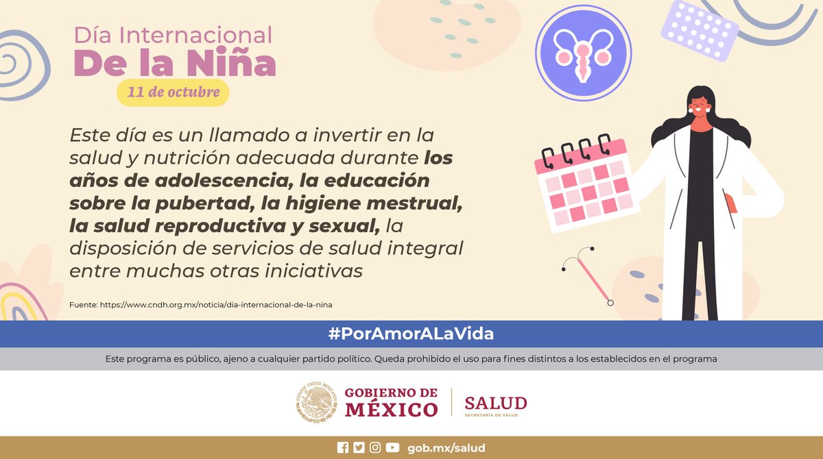 11 de octubre I #DíaInternacionalDeLaNiña 👧🏻

Todas las niñas tienen derecho a gozar del acceso a los servicios de salud, sin discriminación.

#PorAmorALaVida