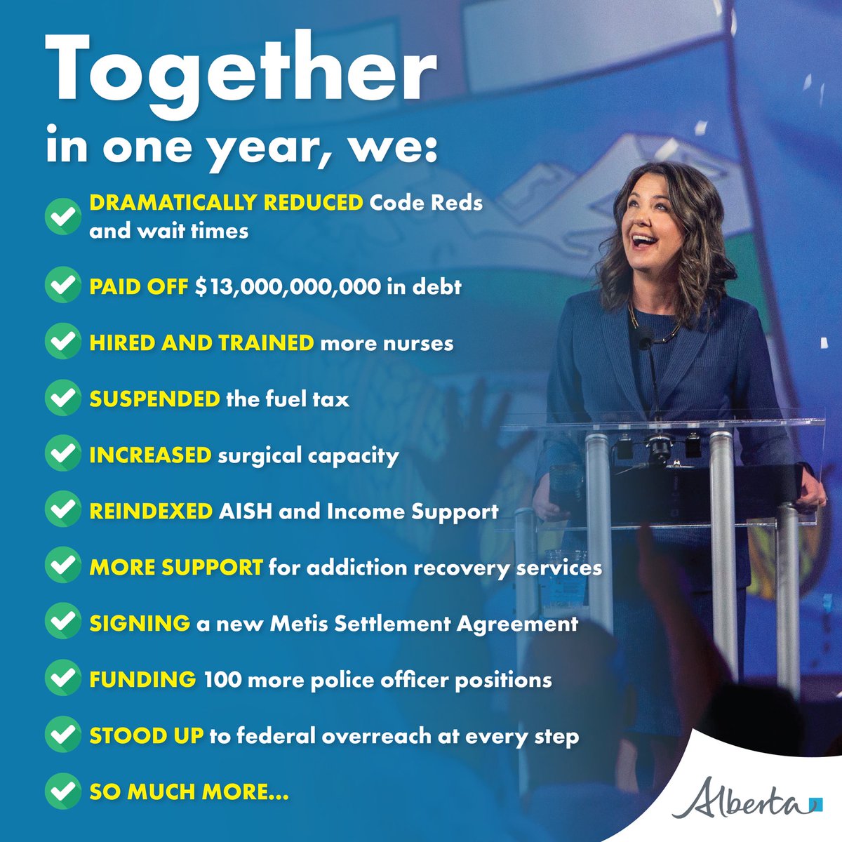 UCPCaucus's tweet photo. Premier @ABDanielleSmith has accomplishing A LOT in one year - including balancing the budget, paying down the debt, cutting taxes, making record investments into health care, and defeating the NDP in the 2023 election. 👏

Read more here: https://t.co/pqsvZEPoyV

#ableg #abpoli https://t.co/PX61sLkrTR