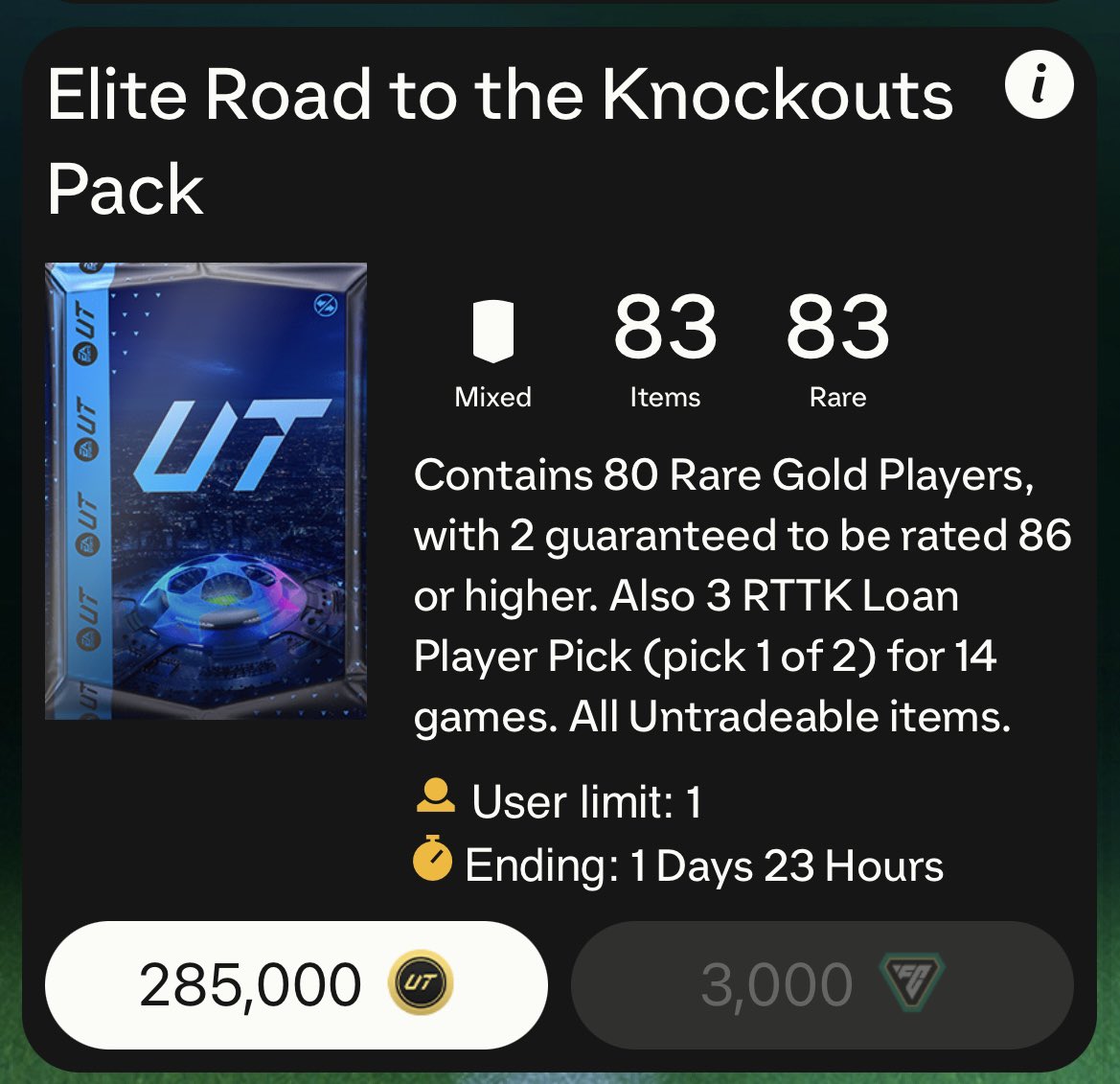 fut_trader_D's tweet photo. I’m giving 𝟏 𝐩𝐞𝐫𝐬𝐨𝐧 𝐭𝐡𝐞 𝐅𝐂 𝐩𝐨𝐢𝐧𝐭𝐬 𝐭𝐨 𝐨𝐩𝐞𝐧 𝐭𝐡𝐢𝐬 𝐩𝐚𝐜𝐤🔥🎉

All you need to do is…🤝

𝐑𝐓 his post✅
+ 
𝐟𝐨𝐥𝐥𝐨𝐰 me + @FUT_Borat ✅

#EAFC24 #FC24 #EAFC #Giveaway #FIFA24 https://t.co/pyBiW2DuKP
