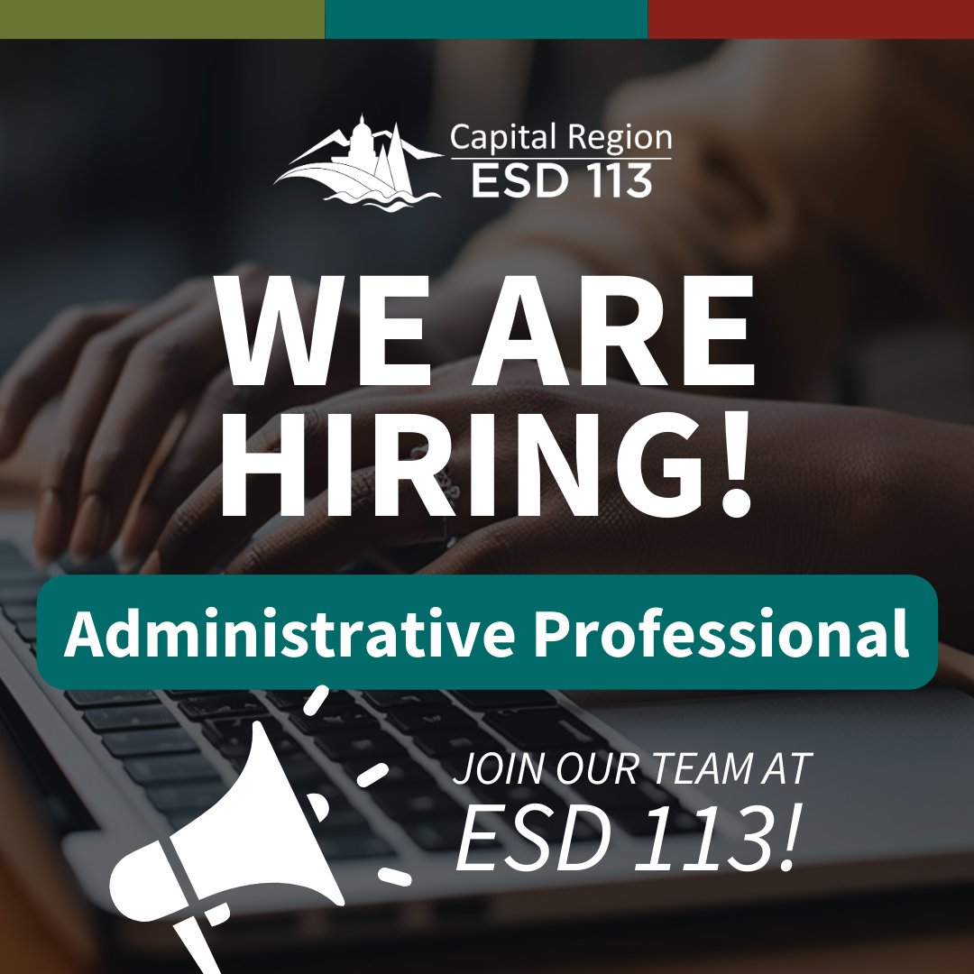 We're #hiring! We are looking for an administrative professional to join our team. Apply today at bit.ly/492auXB Salary: $24.89–$30.26 Benefits: Medical/Dental/Vision, Life/AD&D ins., FSA/DCAP, LTD ins., Retirement/DCP, EAP, Annual/Sick Leave & Holiday Pay #WeAreESD113