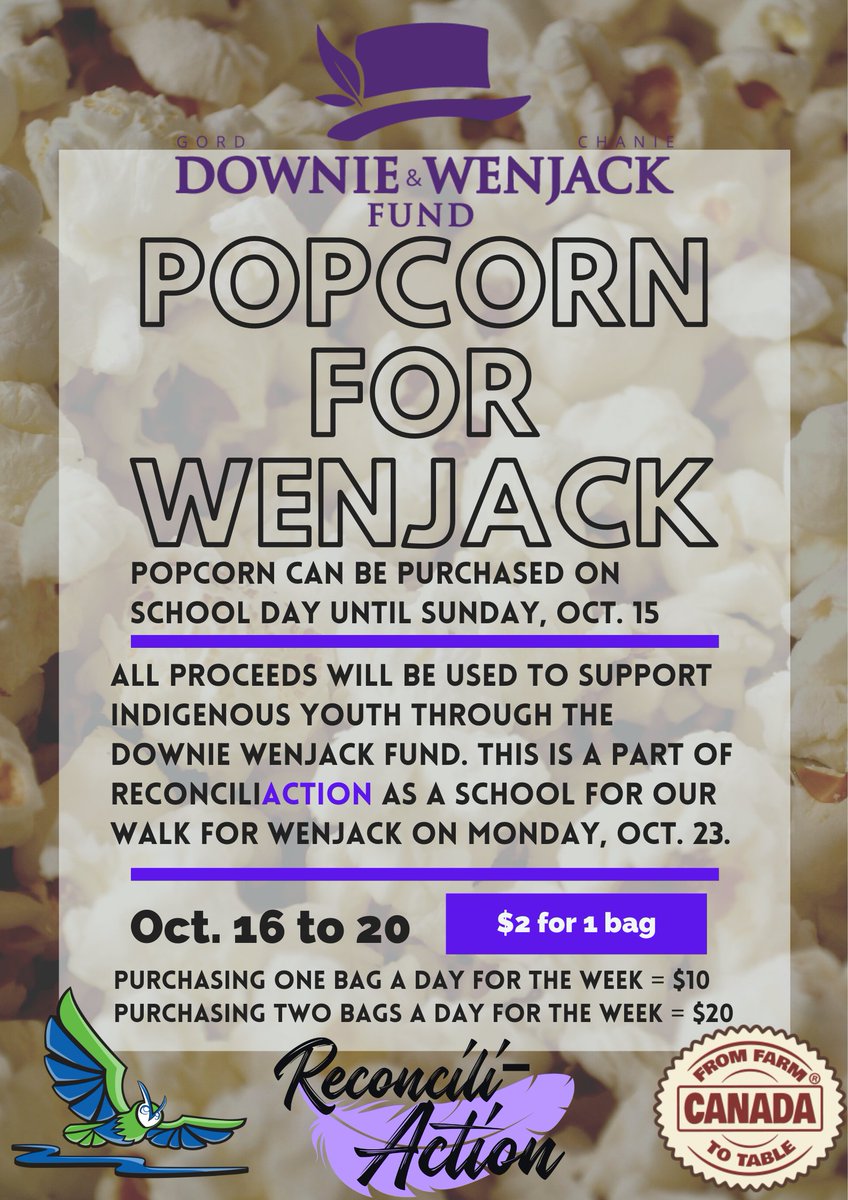 Hey Owls, don't forget to check out school day to order your popcorn for the week of Oct. 16th - 20th. Money raised will be donated to the <a href="/downiewenjack/">Downie Wenjack Fund</a>. Remember that our #WalkforWenjack will be on Monday, Oct. 23. <a href="/oakwrdsb/">Oak Creek PS</a>