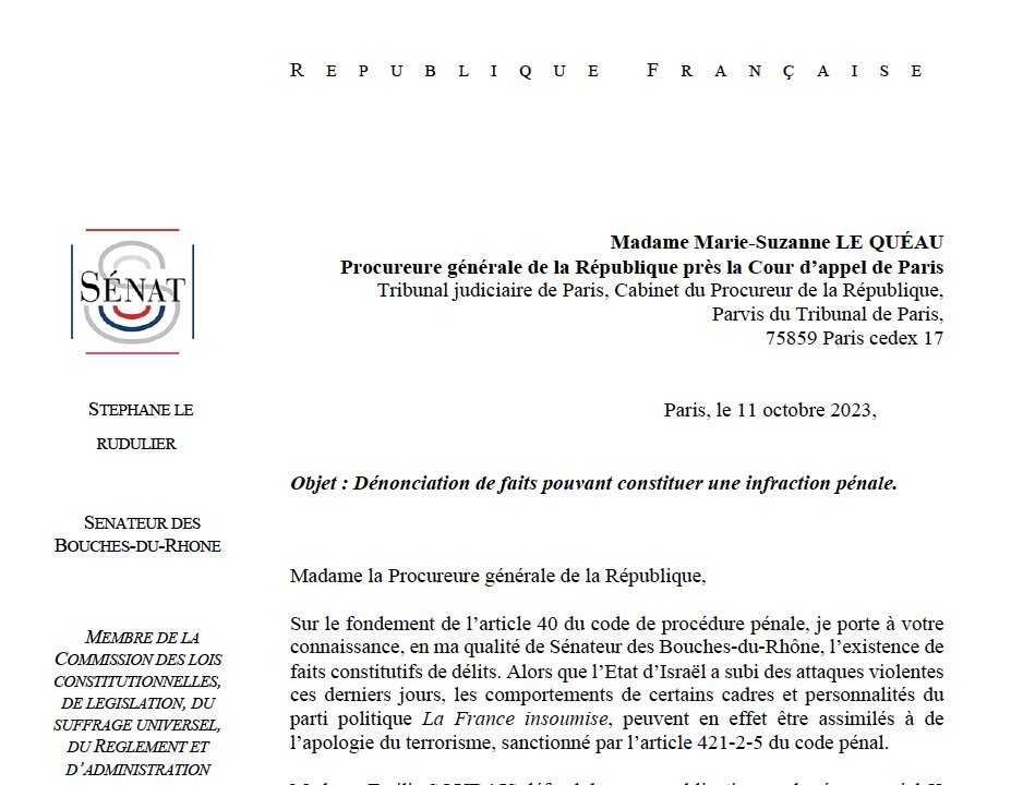 slerudulier's tweet photo. Je saisis le procureur de la République sur le fondement de l'article 40 du code de procédure pénale.

Les propos de certains élus de La France Insoumise, peuvent être assimilés à de l’apologie du terrorisme, sanctionné par l’article 421-2-5 du code pénal. https://t.co/pdtkkuBxB7