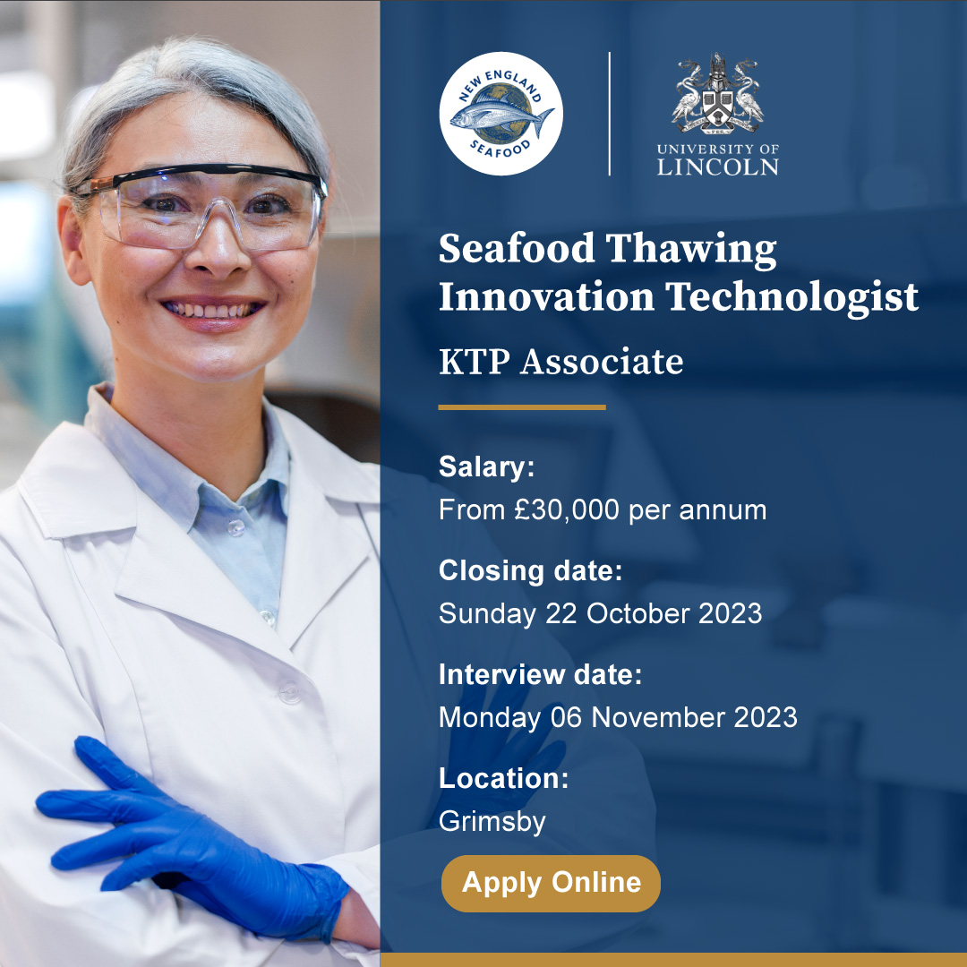 We're working with New England Seafood on a Knowledge Transfer Partnership, thanks to successful awarding of funding from <a href="/innovateuk/">Innovate UK</a>. 🐟To deliver the project, we're now recruiting a #Seafood Thawing Innovation Technologist! Find out more and apply here: jobs.lincoln.ac.uk/vacancy.aspx?r…