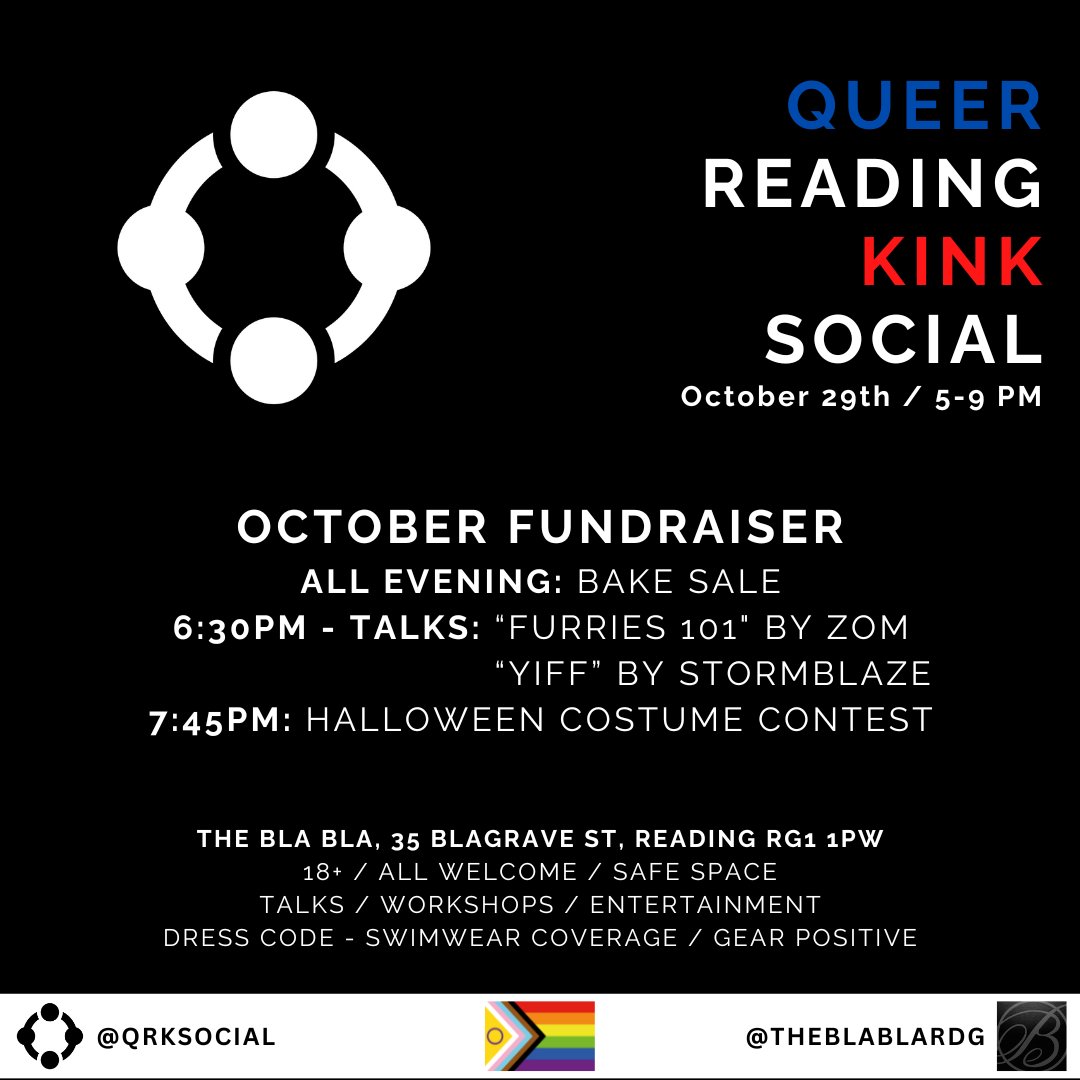 QRKSocial's tweet photo. Get ready for our spooktacular fundraiser for QRKS this month with talks from our community members Zom &amp; StormBlaze, all evening bake sale &amp; a Halloween costume contest at @TheBlaBlaRDG. Drop us a message or email contact.qrks@gmail.com if you want to help with our bake sale! https://t.co/B6ebSXXVyI