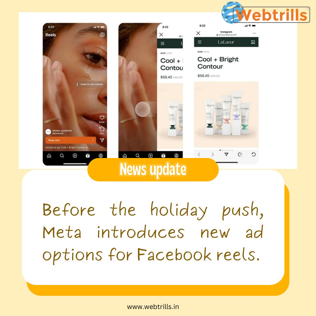With the biggest shopping season of the year fast approaching, Meta has announced some new updates for Reels ads, in order to help brands tap into its fastest-growing content surface.
.
 #webtrills #news #newsupdate #meta #metaupdate #ads #facebook #facebookreels #advertisement