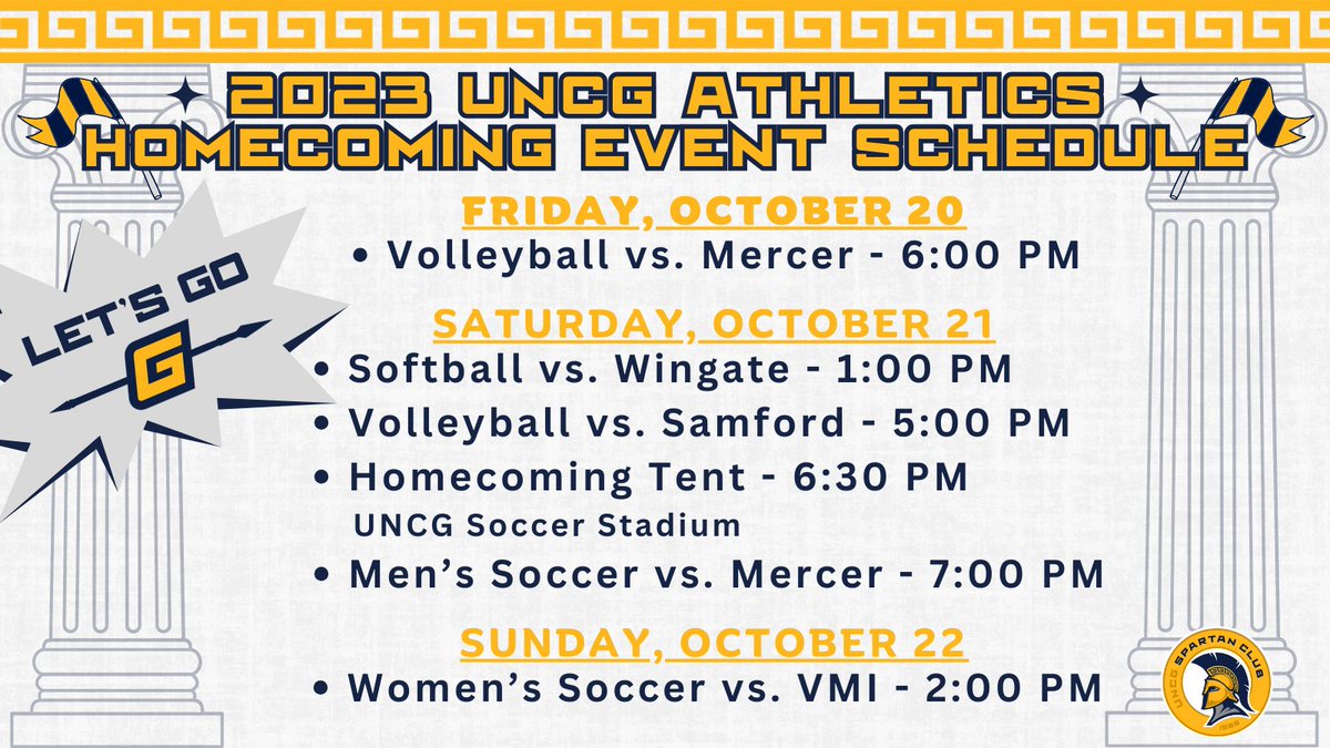 UNCGSpartanClub's tweet image. Calling ALL @uncgspartans student-athlete alumni:

𝟚𝟘𝟚𝟛 𝗨𝗡𝗖𝗚 𝗛𝗢𝗠𝗘𝗖𝗢𝗠𝗜𝗡𝗚 𝗜𝗦 𝗔𝗟𝗠𝗢𝗦𝗧 𝗛𝗘𝗥𝗘!

Join us at the G for a full weekend of contests and at the Homecoming tent during the @UNCGsoccer match.

RSVP for the tent here - shorturl.at/FHJ03