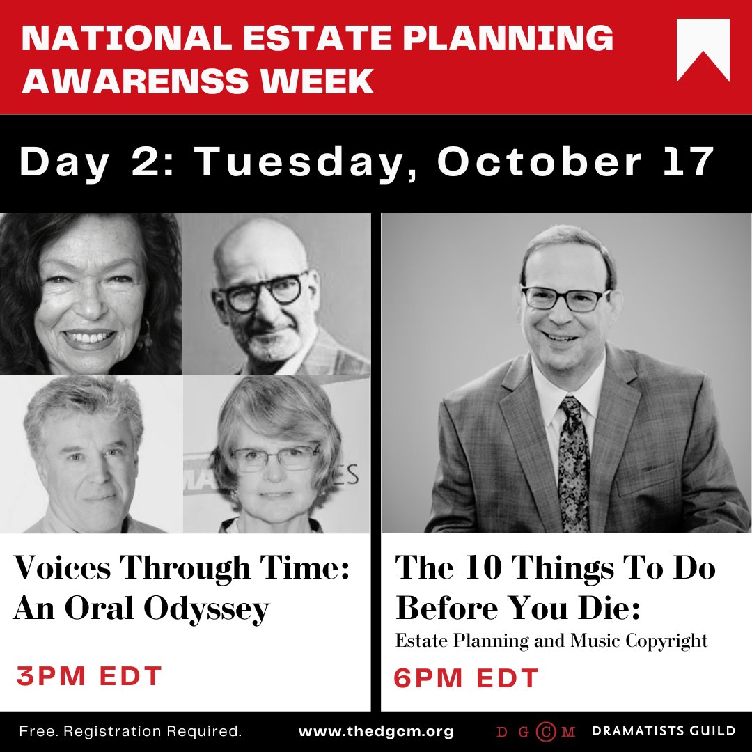 Become a steward of your creative legacy. Join us along with @dramatistsguild for National Estate Planning Awareness Week starting Monday, October 16th. View the full schedule and register at thedgcm.org