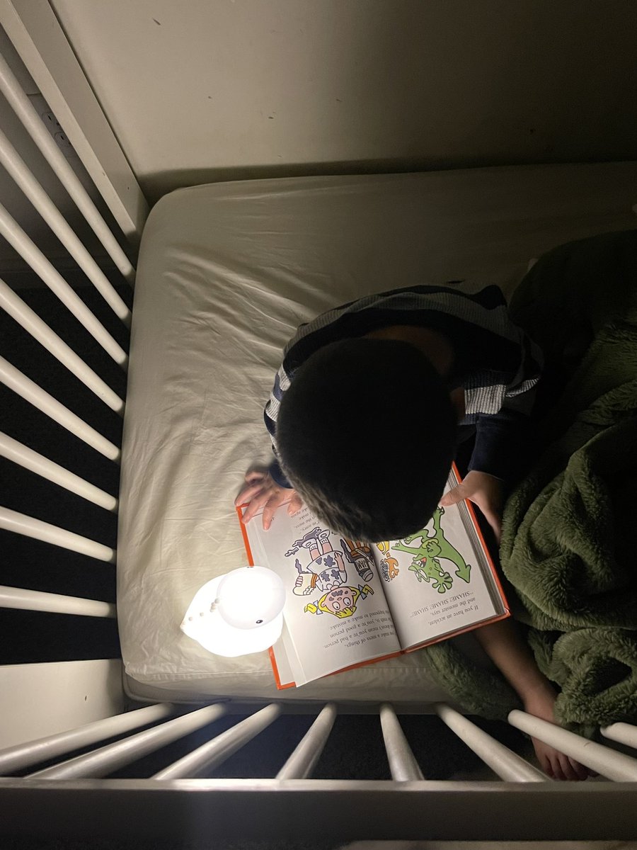 einedame's tweet photo. Anak-anak sedari baru lahir sudah rajin dibacain buku. Sebelum tidur masing-masing pilih satu buku buat dibacain, abis itu bukunya boleh dibawa tidur.

Kalo masih bayi dikasihnya hard book, yang ga bisa dirobek. Raung Rimba sudah 2 tahun, sudah mengerti kalo buku itu tidak boleh dirobek-robek, jadi sudah dipercaya buat "baca" buku halaman biasa.

Yang dibacain ke dia biasanya diingat-ingat terus, jadi pas dibawa tidur dia biasanya liat-liat lagi yang tadi abis dibacain. Oh, ini buaya, kura-kura, dll. Ini huruf A, itu huruf B, dll.

Karena kalo tidur lampu kamar pasti dimatiin, jadi masing-masing anak kita kasih lampu baca. Lampunya bisa mati sendiri, tapi biasanya kalo mereka udah ngantuk, dimatiin sendiri.

Tiga-tiganya semua begitu, dengan harapan kalo nanti sudah bisa baca sendiri, mereka bakal terbiasa untuk baca buku sebelum tidur.

Kuncinya cuma satu: konsistensi.

Kalo sudah dibiasakan dari piyik, PASTI bisa. Kalo dari piyik dibiasainnya liat hape, ya, mereka gedenya bakal milih main HP.

Pilih mana, anak yang doyan baca buku, ato main HP?
