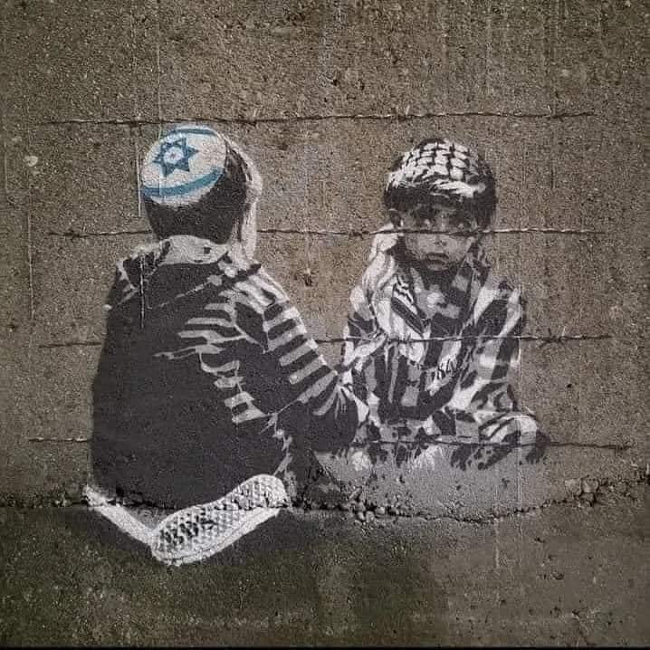 Carol4OliveFarm's tweet photo. The genius of Banksy. He expresses the key to unlocking many of the world's problems. Education. Teach children LOVE, teach understanding, compassion in schools. Don't teach kids to remember the figures that build hate. The way forward has to be dialogue, forgiveness, love https://t.co/UmbRPcQlGg