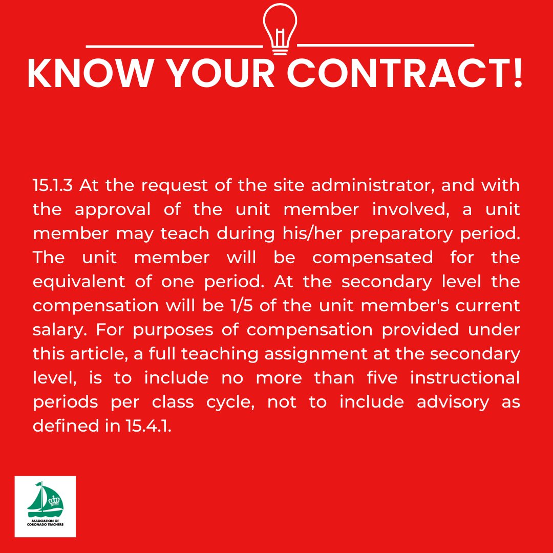 nadoACT's tweet photo. A special thank you to our awesome bargaining team who negotiated new terms for Article 15 of our CBA including this section! If you have any questions about working during your preparatory period talk to your site-rep or email: coronadoteachers@gmail.com

#WeAreACT #WeAreCTA https://t.co/IG80WVZCsc