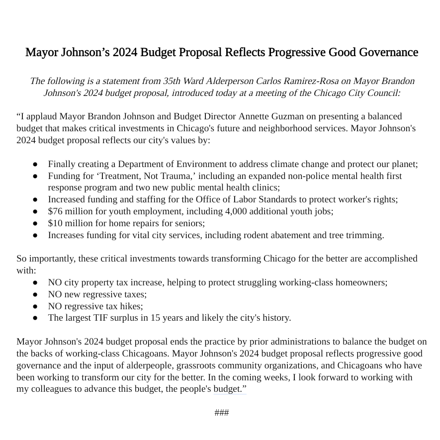 Department of the Environment. Funding for #TreatmentNotTrauma. 4,000 additional youth jobs. No property tax increase. Largest TIF surplus in history. Mayor Johnson's 2024 budget proposal reflects progressive good governance.

The following is my statement on the budget proposal: