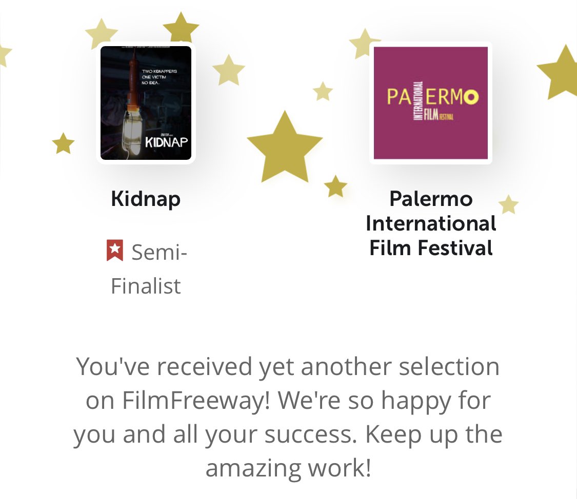 Kidnap2023's tweet photo. Amazing news! Kidnap was just selected by Palermo International Film Festival! @tonypovah @cacticus @maryam_gk @sjf40 @EmmaLouiseNixon @LewCharlesworth https://t.co/msTSfRJx7H
