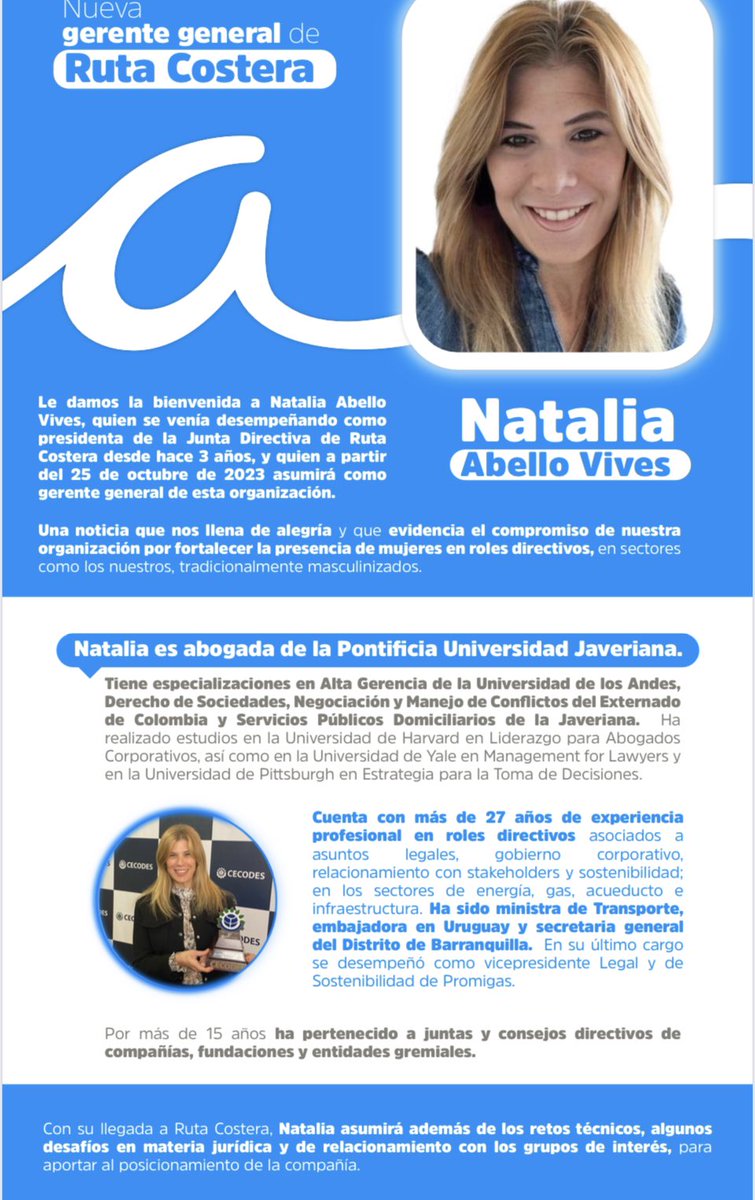 Nuevos retos asumiré en la Gerencia General de <a href="/RutaCostera_/">Ruta Costera</a> . Me entusiasma seguir construyendo desarrollo de la Región Caribe para el país. Feliz y agradecida de regresar a la familia <a href="/ISAConexiones/">ISAConexiones</a> y al grupo <a href="/ECOPETROL_SA/">Ecopetrol</a>