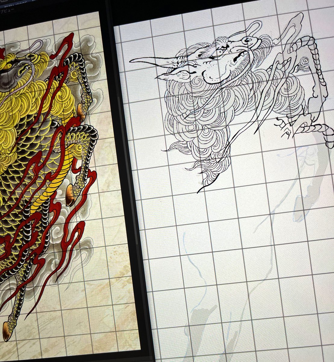 ここまではまあまあ丁寧に頑張っていたと自分でも思う。でも今足の鱗描いて思った。こんなガチガチに模写してたらほんとに気が狂う。もう諦めてメチャズレてる感じしてもそのまま進めようかな。顔まわり頑張ったしいいだろ… 