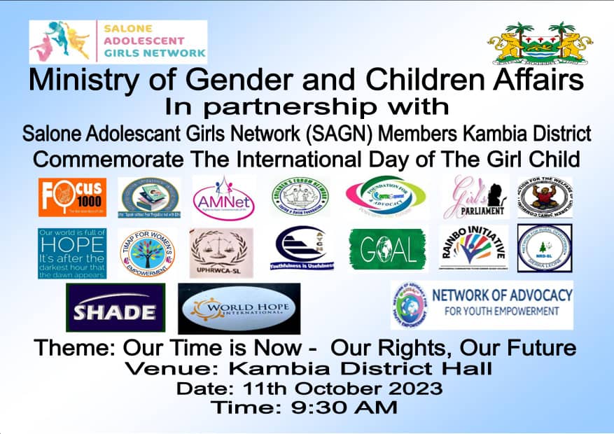 KodahMoses's tweet photo. The Salone Adolescent Girls Network - Kambia District Chapter successfully celebrated the international day of the Girl Child today Wednesday the 11th October 2023
Thank you to all Network members @Purposeful_org 
Regards
Moses Sorie Kodah
SAGN Kambia District Chapter Coordinator https://t.co/Ma1O5EMKul