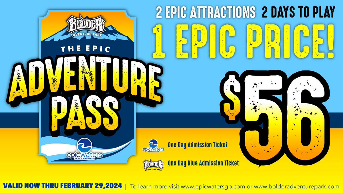 The Epic Adventure Pass is back! 🎉

Enjoy Epic Waters Indoor Waterpark and Bolder Adventure Park for only $56+tax! Enjoy two parks for twice the fun! 🏄🧗

Get your Epic Adventure Pass today! 
epicwatersgp.com/admission/epic… 

#epicwatersgp #epicadventurepass #bolderadventurepark