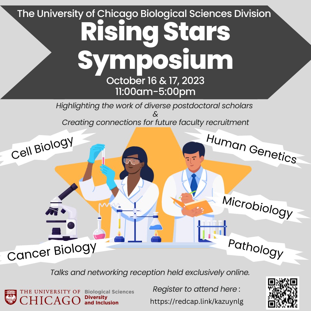 DiversInclBSD's tweet image. Register to Attend
UChicago Biological Sciences: Rising Stars Symposium!
Held virtually on October 16th & 17th. Network with the next generation of early career Biology Faculty.
voices.uchicago.edu/bsddiversity/u…
#recruitment #faculty #biosciences #DEI