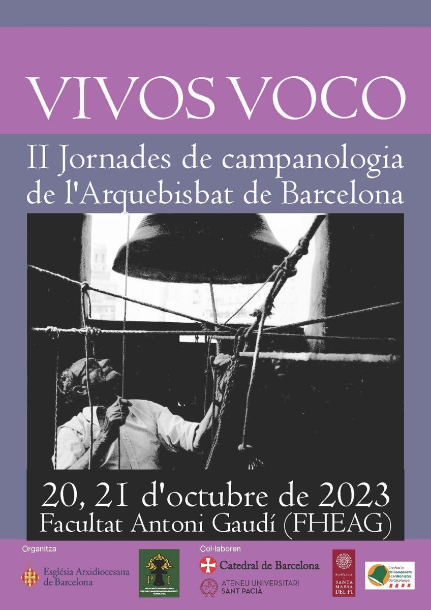 VIVOS VOCO
II jornades de campanologia de l’Arquebisbat de Barcelona
Us esperem el 20 i 21 octubre a la facultat Antoni Gaudi!
Lloc: Carrer de la Diputació, 231, 08007 Barcelona. 
<a href="/Fac_AntoniGaudi/">Facultat Antoni Gaudí</a> <a href="/esglesiabcn/">Església de Barcelona ⛪️</a> <a href="/campanes_cat/">Confraria Campaners i Carillonistes de Catalunya</a> <a href="/catedralbcn/">Catedral de Barcelona</a> <a href="/signesdelstemps/">Signes dels temps TV3</a> <a href="/tv3cat/">TV3 és ara @Som3Cat</a> @tv3 <a href="/btvnoticies/">btv notícies</a>