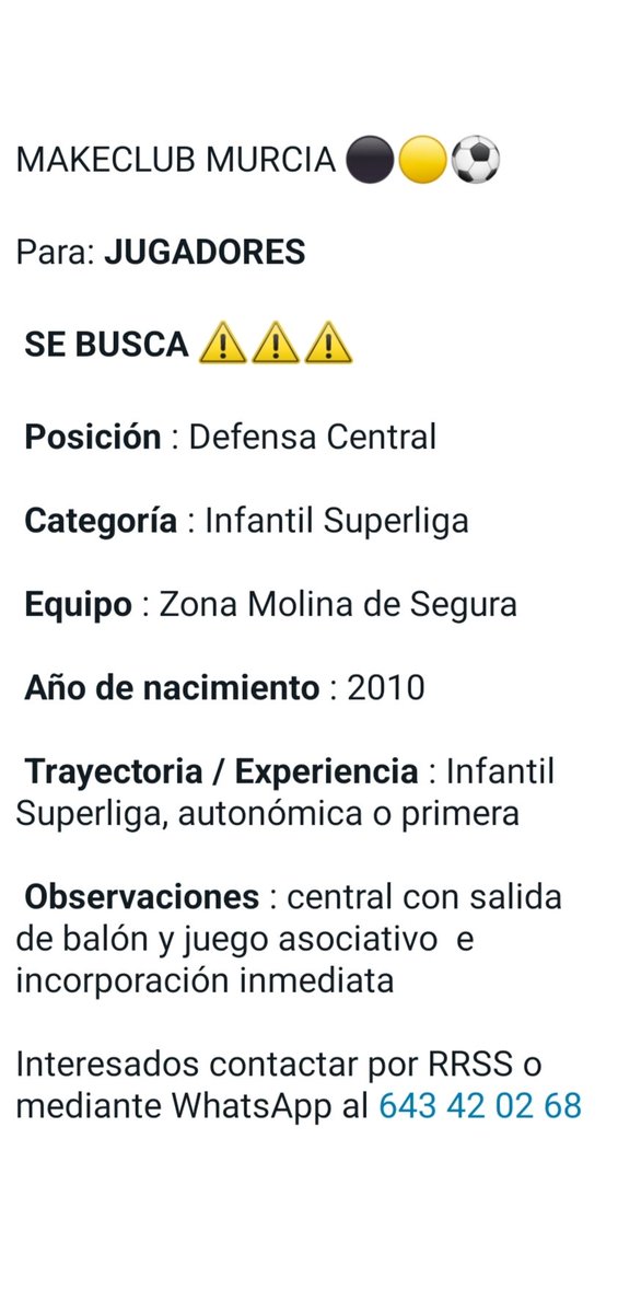 SE BUSCA 🚨🚨🚨
DEFENSA CENTRAL 2010
🟡⚫⚽
Interesados MD o WhatsApp