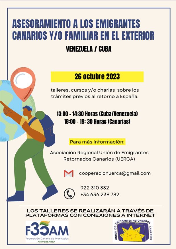 ctramiss_cu's tweet photo. 📢ASESORAMIENTO  A  LOS  EMIGRANTES  CANARIOS  Y/O  FAMILIAR EN EL EXTERIOR 2023,   financiado  por la  Federación  Canaria  de Municipios (FECAM).

➡️Canarios y sus descendientes en 🇨🇺 y 🇻🇪

🚨Última fecha 🗓️ jueves 26/10/2023

Inscripciones 👇:
https://t.co/h9z9EaW27g https://t.co/WIMrZJ8EtD