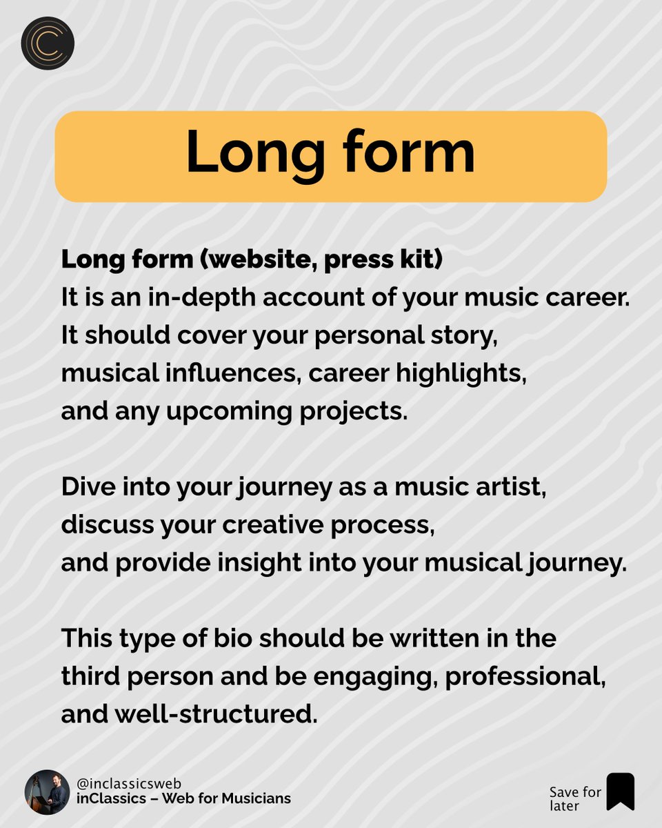 inclassicsweb's tweet photo. Do you have these bio types ready and up to date? Check out our article to learn how to write a great bio
https://t.co/8dZW6RX9wW
#musicians #musicmarketing #inclassics https://t.co/AASSvrowtX