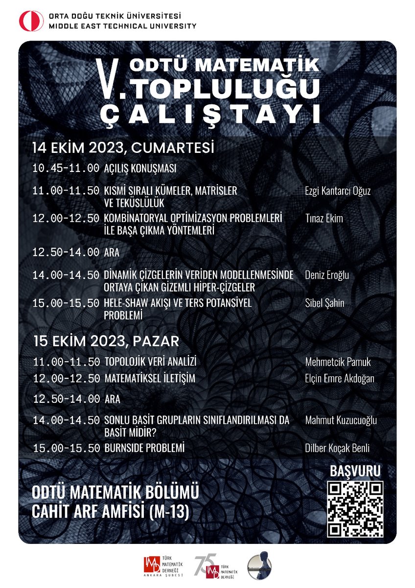 📢Ankara'da <a href="/METUMathClub/">METU MATH CLUB</a> etkinliğinde buluşalım.
14 Ekim Cumartesi günü matematik, bilgisayar, endüstri ve hatta mühendisliğin tüm dallarından öğrencileri bekliyorum. Karmaşık optimizasyon problemleri hepimizin başını ağrıtıyor, onlara karşı birlik olalım 😉
<a href="/erogludnz/">Deniz Eroglu</a>