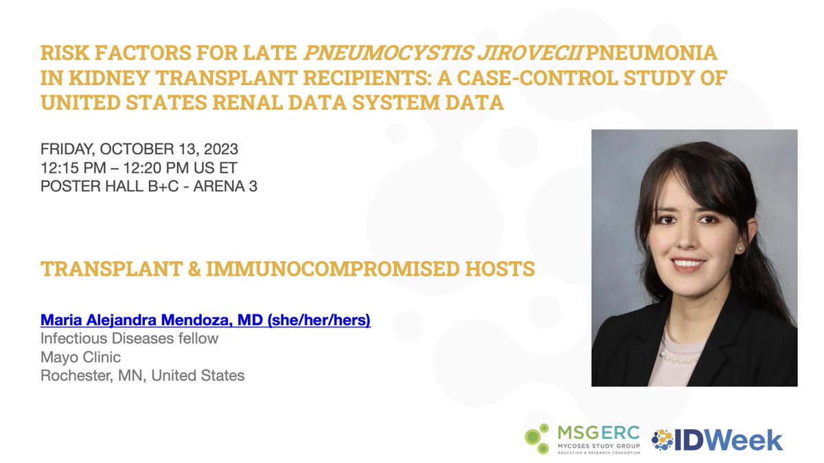 MSG_ERC's tweet photo. Dr. Maria Mendoza (@MariAleMendozaD) will be presenting on risk factors for PCP in kidney transplant recipients 

#IDWeek2023 https://t.co/NFrJmNCrEc