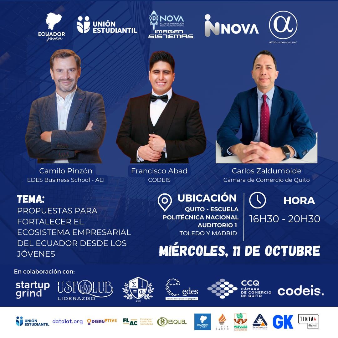 codeisec's tweet photo. Hoy nuestro Director Ejecutivo @FranciscoAbadEC  estará participando en el "Encuentro juvenil de Emprendedores" junto a Camilo Pinzón y Carlos Zaldumbide. ¡Te esperamos! Ven y aprovecha este espacio para relacionarte con otros lideres, emprendedores y empresarios como tú.✨🥂 https://t.co/gi4Ok4lbvD
