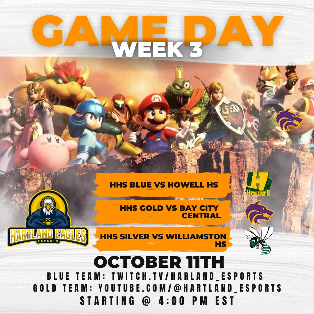 HartlandEsports's tweet photo. **GAME DAY ANNOUNCEMENT**
Today's Matchups:
SSB Blue vs. Howell HS
SSB Gold vs. Bay City Central HS
SSB Silver vs. Williamston HS
Streaming Starts @ 4pm EST
Blue Team: https://t.co/lPUZuhyY30
Gold Team: https://t.co/su3QCxwaew
#MHSEL #PlayVS #GoEagles #RivalryWeek #BeatHowell https://t.co/kW7hJDcbwV