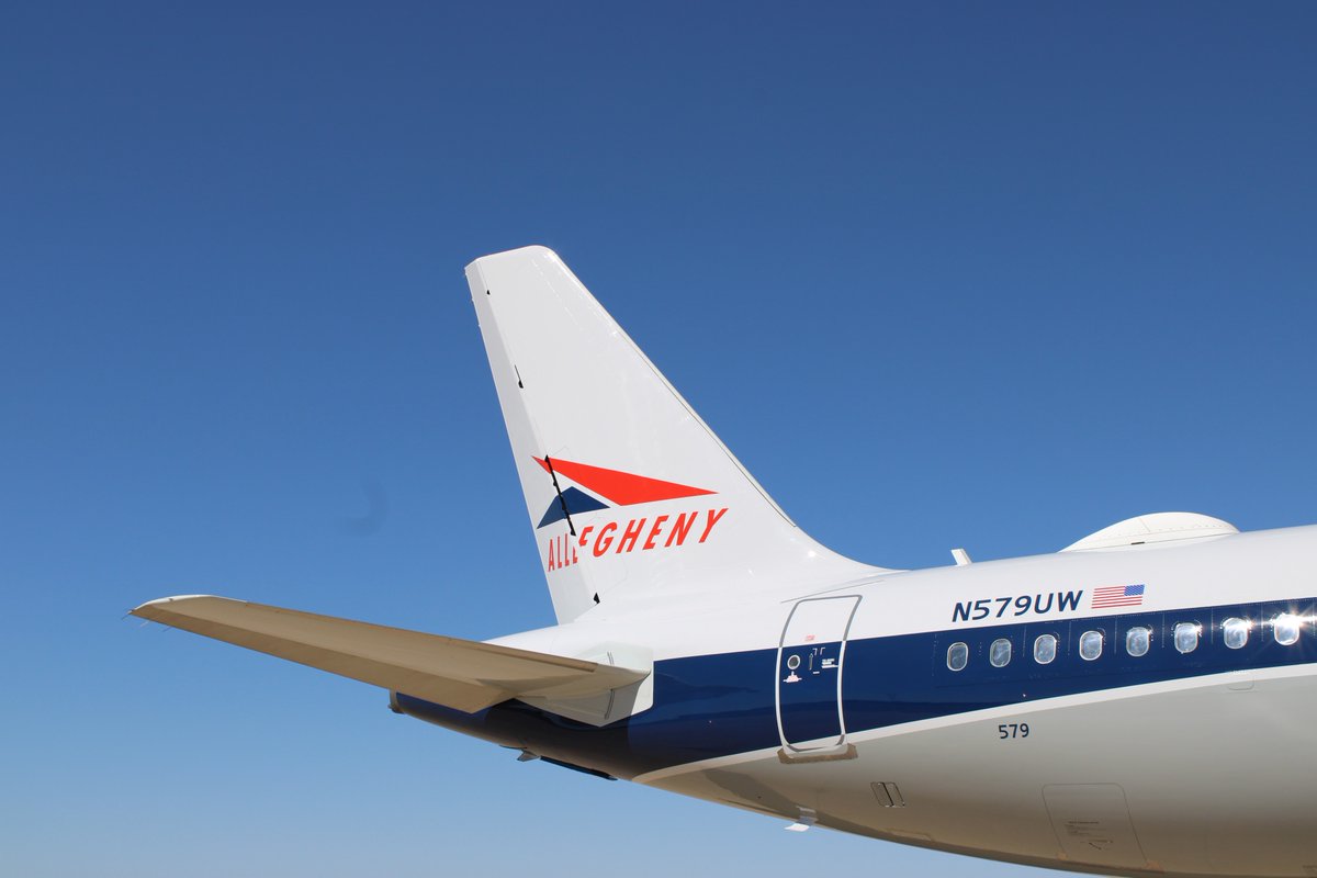 👀 😍 Spotted: Yesterday, this Airbus A321 officially rolled out of the paint hangar and into the Amarillo, Texas, sunshine. ☀️  It’s now back in the skies, showing off our Allegheny Airlines heritage livery. History looks good on you, N579UW. ✈️