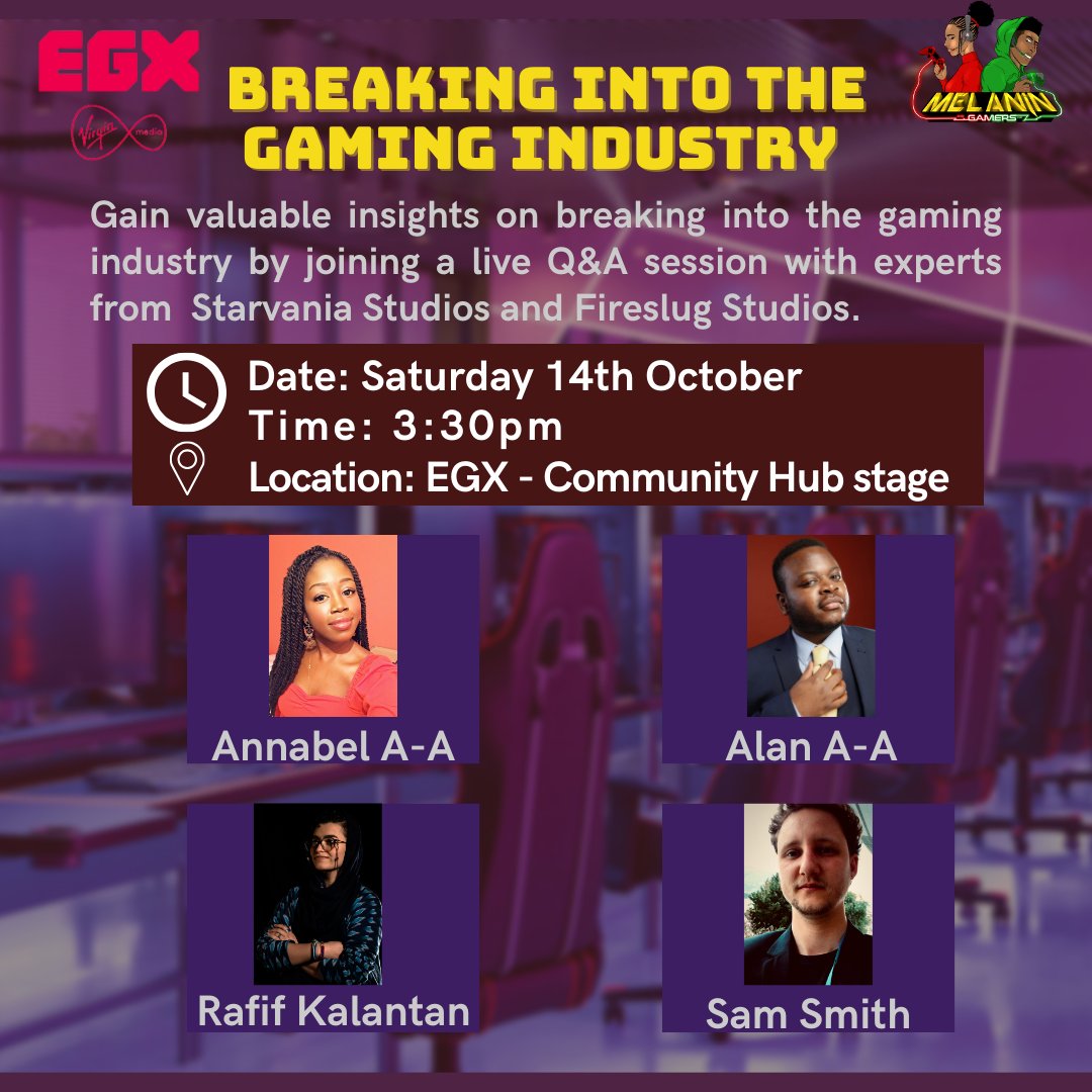 We are back at EGX!!! 🥳 

First panel is our big announcement!

Second panel is a group panel. With two wonderful game devs! 

Join us at 3:30pm on the Community Hub Stage!
-
#EGX