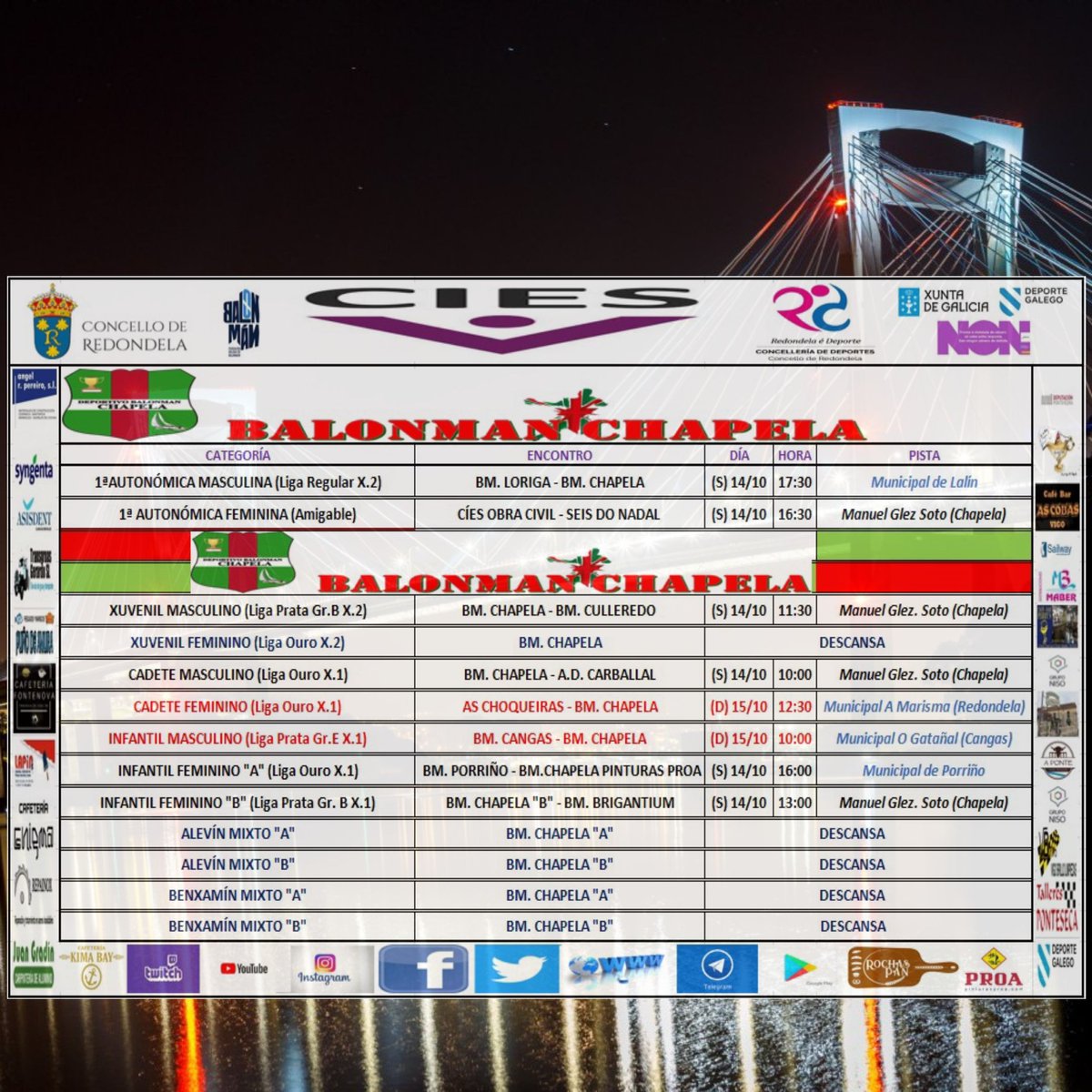 CB_ChapelaWeb's tweet photo. Xa comezan case que tódalas ligas dos nosos equipos!! Estes son os horarios para os nosos!!
#imoschapela #vermelloeverde #ciesobracivil #gominions #peitoecollons #sonolasetta https://t.co/NURnrCUuAY