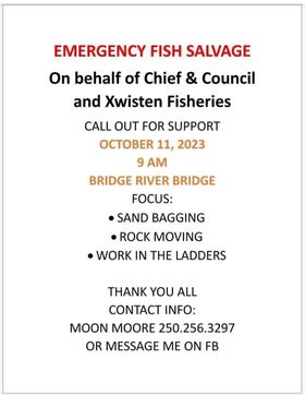 Q101Merritt's tweet photo. ***CALL TO ACTION**
Anyone who wishes to help with #Xwisten Cheif, Council, and Fisheries for the #EmergencyFishSalvage, please meet a the Bridge River bridge for work on bolstering their #SalmonLadder! 

For more info, call Moon Moore, at 250 - 256 - 3297. https://t.co/TmxSBtJgNB
