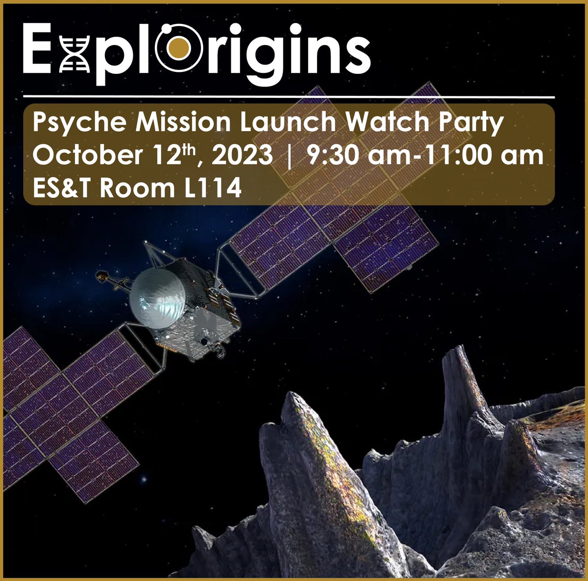 GT_ExplOrigins's tweet photo. Join us tomorrow, Oct 12th, 9:30-11:00 am at ES&amp;T Room L1114 for a NASA’s Psyche Mission Launch watch party! This mission aims to explore a metal-rich asteroid between Mars and Jupiter. ☄️ See you there! #NASA #PsycheMission Note: See ExplOrigins Slack for live chat details! https://t.co/KISnyx3hQC