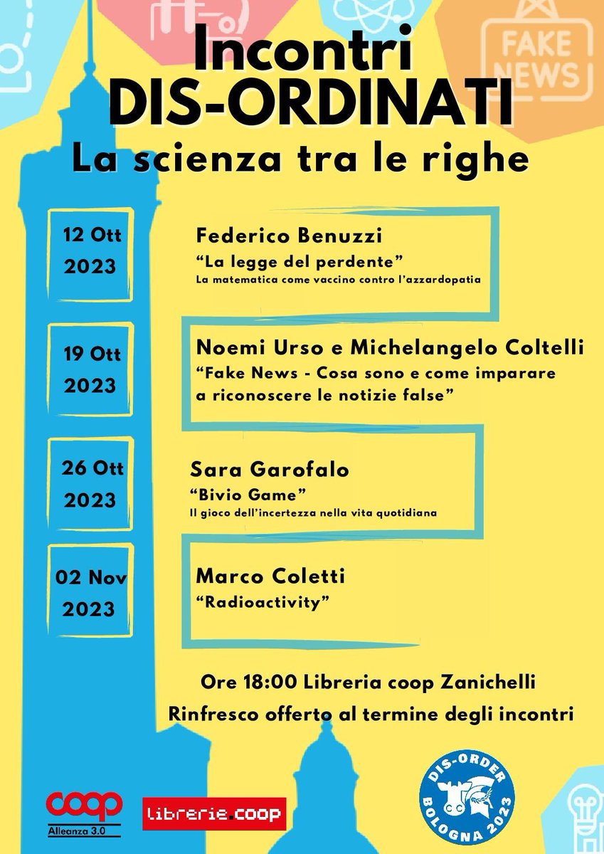 Da domani, per 4 giovedì, alle <a href="/libreriecoop/">Librerie.coop</a> Zanichelli di Bologna i nostri INCONTRI DIS-ORDINATI che ci accompagneranno fino al nostro Decennale #DISORDER10 con gli amici di @NoiDiMinerva!

👇👇👇